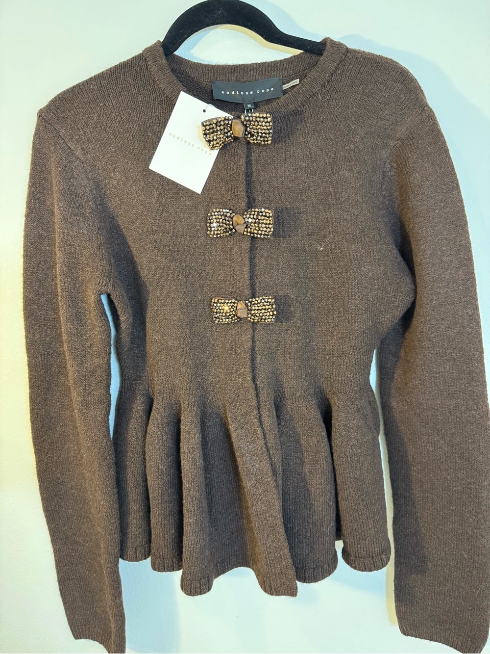 Endless Rose Brown Knit Peplum Cardigan with Decorative Bows